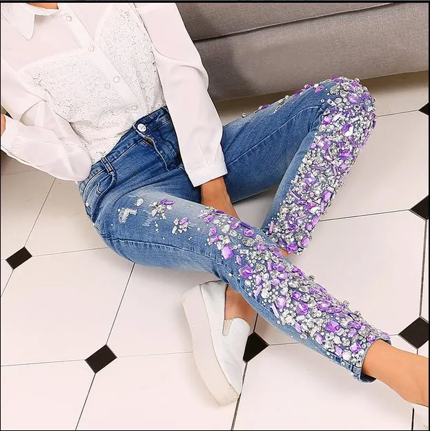 Women Silver Jeans With Rhinestones Sequins Jeans With Crystal Diamond  Skinny Pencil Plus Size1 From Jiangdagu, $73.62