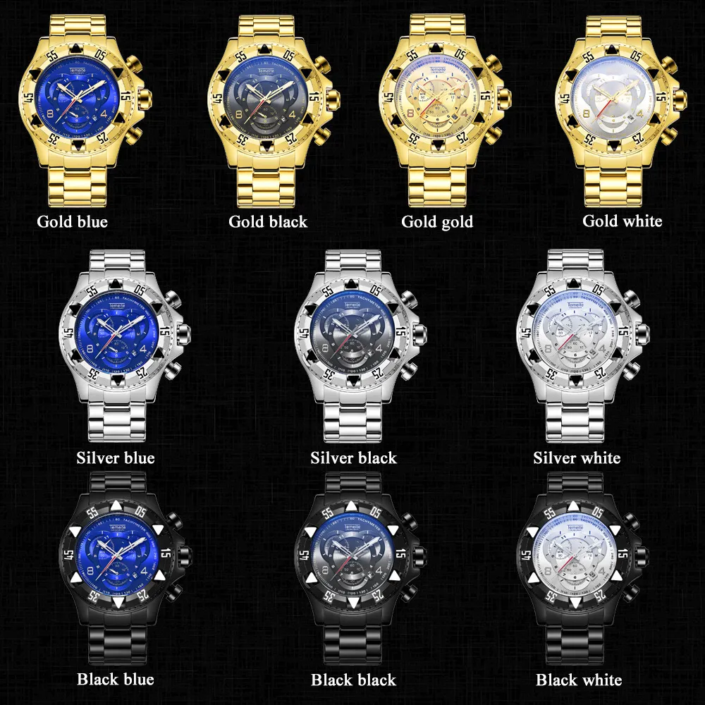 2021 Dropshipping Temeite Mannen horloge Chronograaf Gold Business Quartz Horloges Mannen Waterdichte Sport Militaire Mannelijke Horloges GRATIS