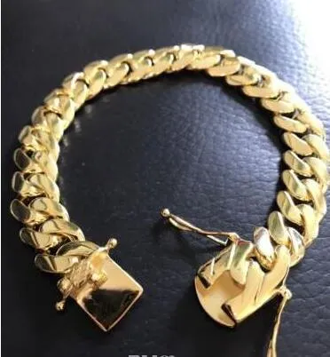 Mens Cuban Miami Link Bracelet 14k goud gevuld over vaste 10 mm breed