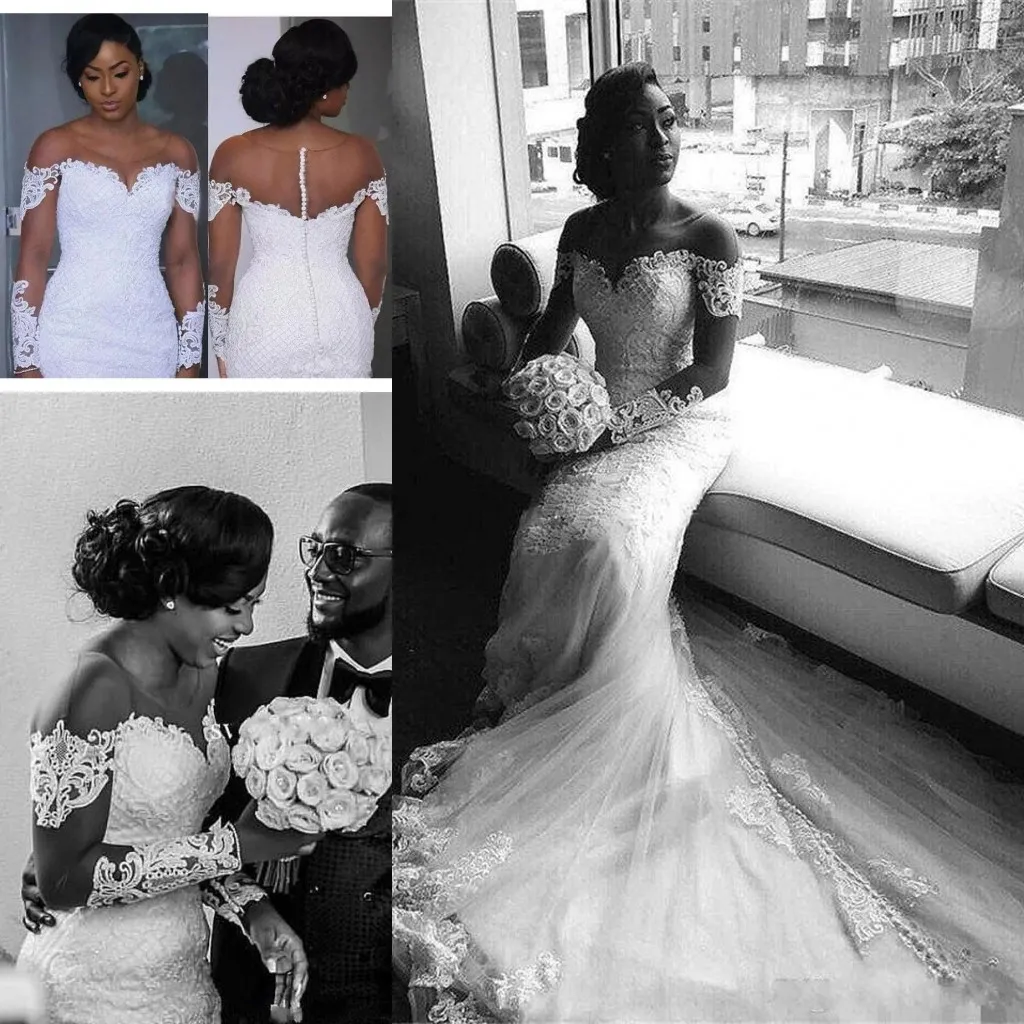 2024 Romantic African Cheap Mermaid Wedding Dresses Sheer Neck Lace Appliques Illusion Long Sleeves Button Back Court Train Bridal Gowns 403