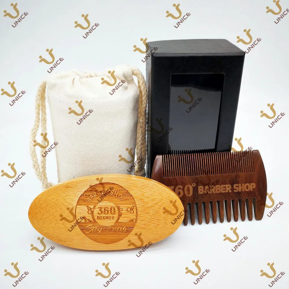 MOQ Customise LOGO Beard Kit Brush and Fine & Coarse Teeth Green Sandalwood Combs Set With Gift Box Bag