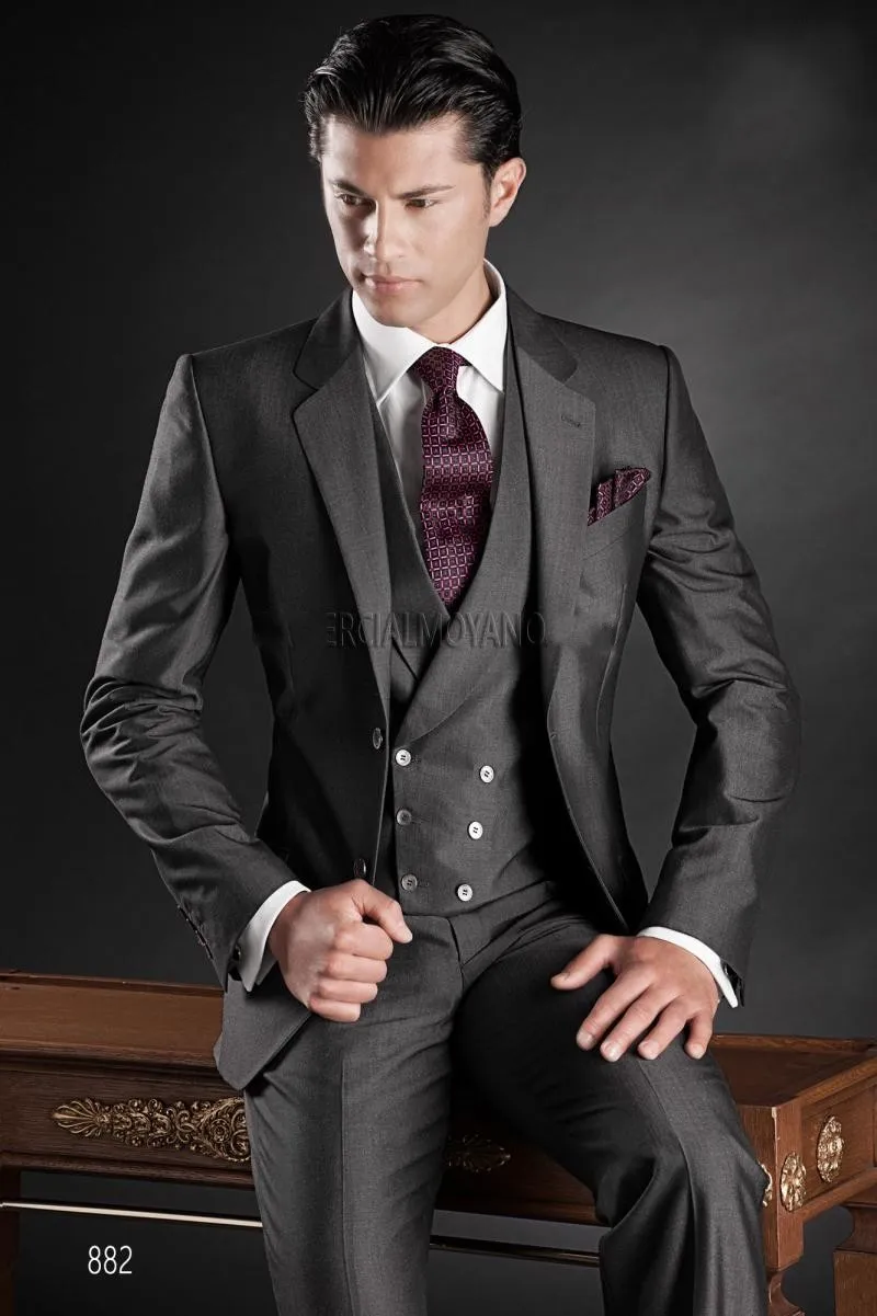 Fashion Dark Grey Groom Tuxedos Notch Lapel Groomsmen Mens Wedding Dress Excellent Man Jacket Blazer 3 Piece Suit(Jacket+Pants+Vest+Tie) 957