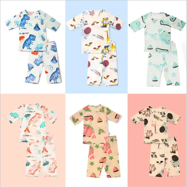 Baby kläder pyjamas barn sommar luftkonditionering soverduiter bambu bomull tecknad payamas set toppar byxor outfits sleepwear homewear a5564