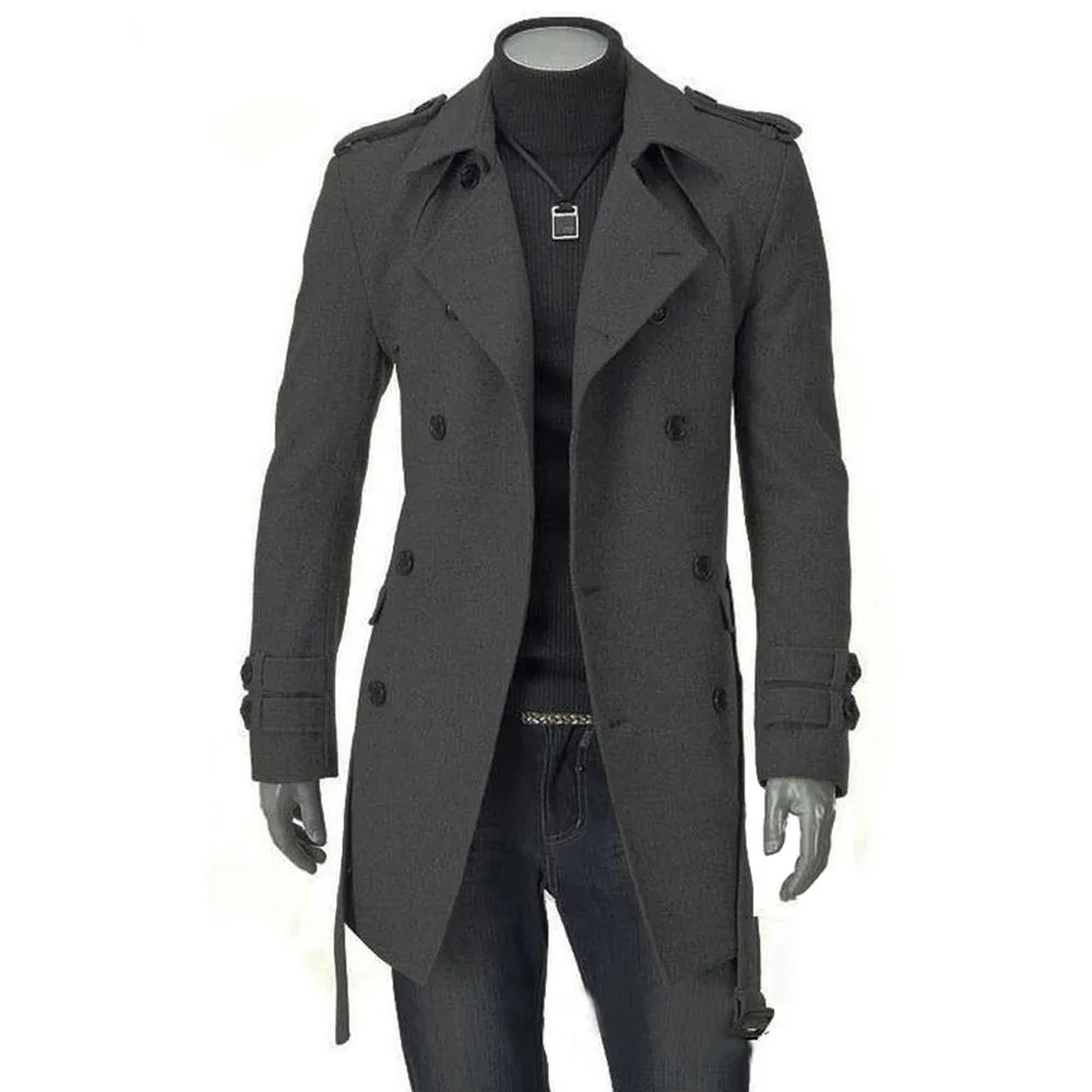 Autumn Winter Mens Long Pea Coat Men's Wool Coat Turn Down Collar Double Breasted Men Trench Coat M-XXXL