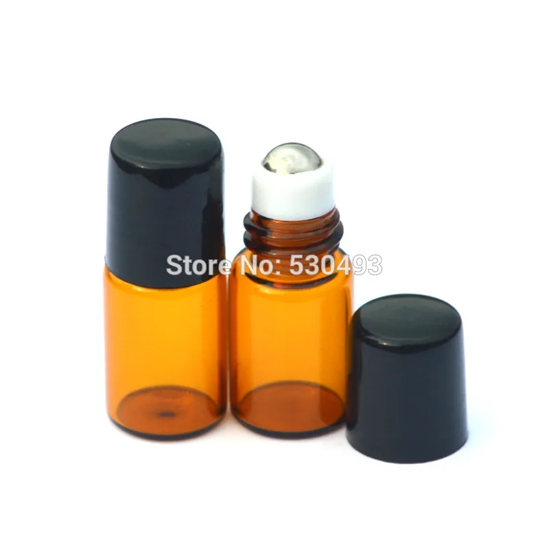Nachfüllbare 2 ml Mini-Bernstein-Rollglasflasche für ätherisches Öl, Parfüm, kleiner Probenroller auf der Flasche mit schwarzer Kunststoffkappe, 500 Stück