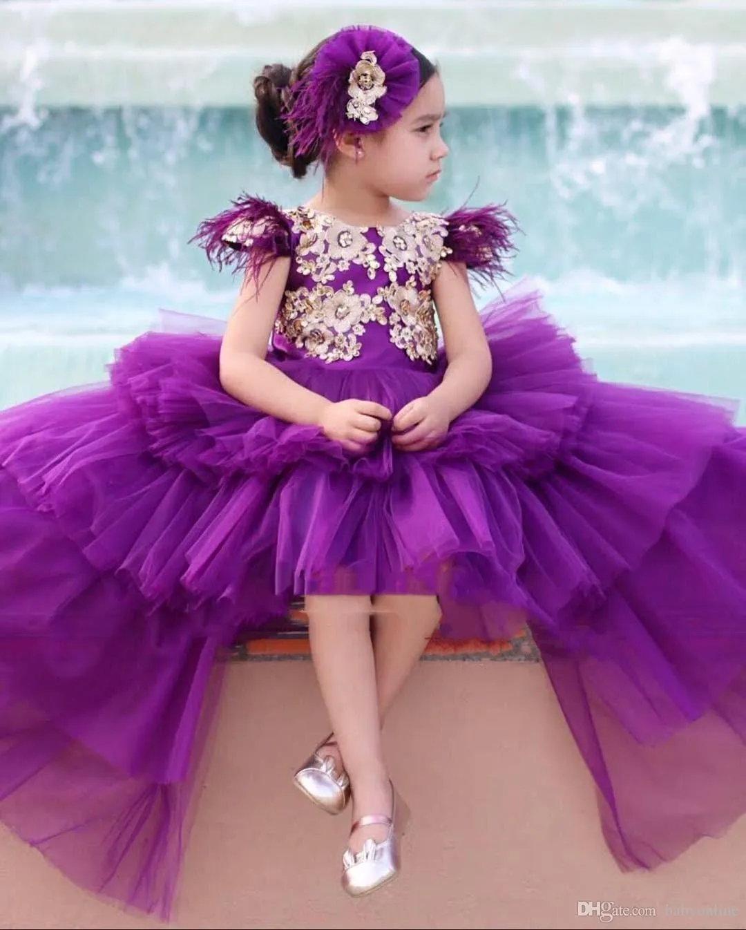 Hoge low elegante paarse meisjes optocht jurken prinses cap mouw gouden appliques lange peuter formele feest prom -jurken voor kinderen