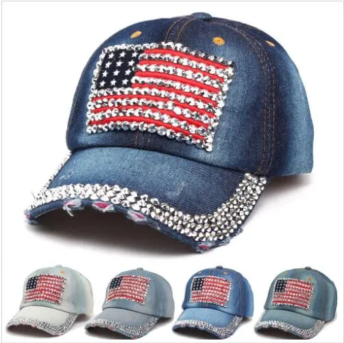 Berretto da baseball con bandiera americana Sport all'aria aperta con strass Jeans Berretto da baseball Unisex Travel Bling Snapback Moda Denim Cappello da sole Berretto regolabile TL1099