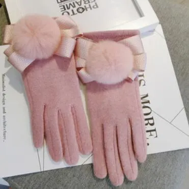 Fashion-handskar för kvinnor Fem fingrar Handskar Rosa Bowknot Venonat Golves Touch Screen Lovely Wool Gloves Hot Fashion Gratis Frakt