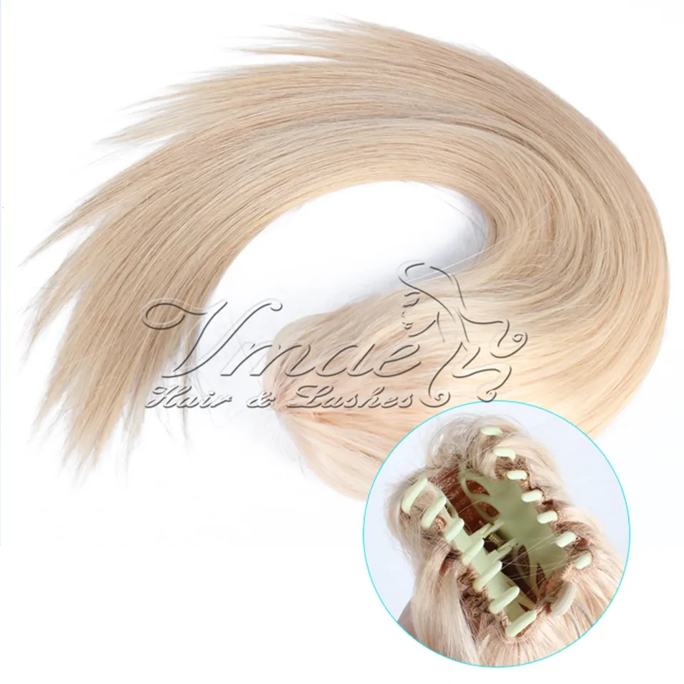 Griffe Clip Cordon Queue De Cheval Russe Blonde Cuticule Alignée Vierge Naturelle Droite Double Dessinée 120g 12 à 26 pouces Prêle Extension de Cheveux Humains