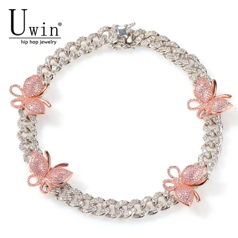 Uwin 12mm Cubain Pierfly Collier Papillon Rose Rose Chaîne en or Cz Collier Bling Bling Bling Bijoux Hip Hop Cheapy pour hommes Femmes Cadeau