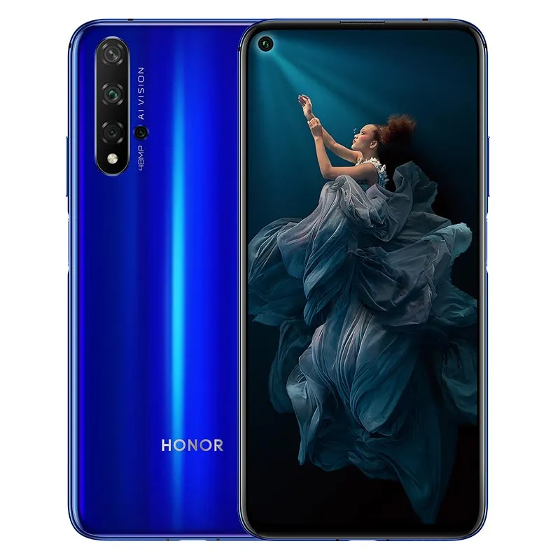 Original Huawei Honor 20 4G LTE الهاتف الخليوي 8GB RAM 128GB 256GB ROM Kirin 980 Octa Core Android 6.26 "ملء الشاشة 48MP AI NFC 3750MAH معرف بصمة الوجه الهاتف المحمول الذكية