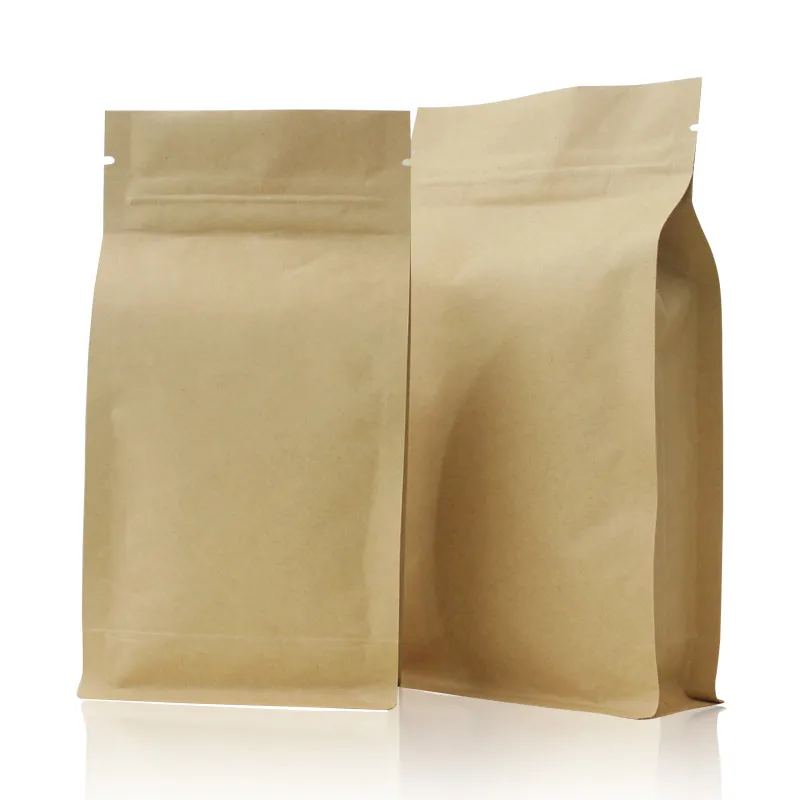 50pcs 10*20+6cm Kraft Paper Standing Packaging Bags with Eight Sides Sealing Food Storage Aluminium Foil Package Bag Zip Lock Pouches
