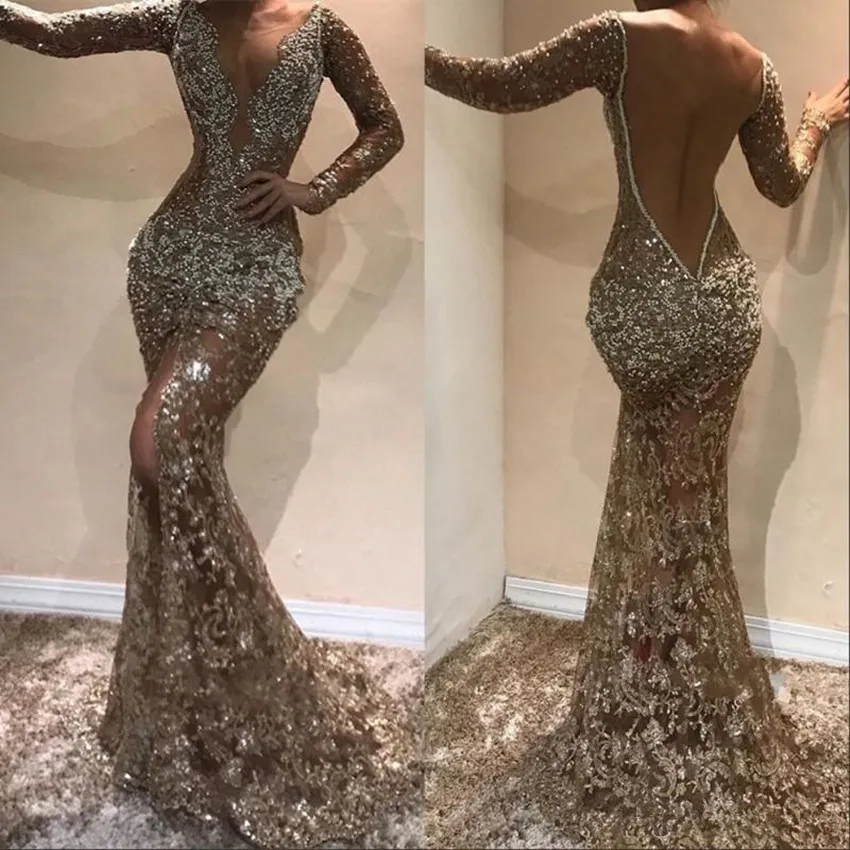 Vintage Sparkly Crystal Prom Evening Dress 2019 Long Sleeve Deep V neck Formal Party Gown Sexy Slit Pageant Gownsr PD83