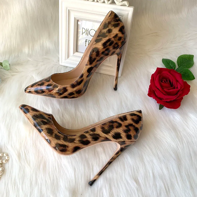 Darmowa wysyłka moda damska czółenka leopard printe ze skóry lakierowanej point toe buty ślubne dla panny młodej wysokie obcasy prawdziwej skóry prawdziwe zdjęcie 12cm