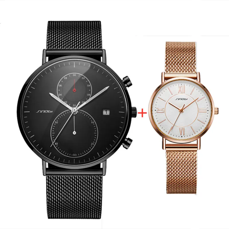 2PCS Black Watches For Men Women Lover Watch SINOBI Simple Steel Mesh Fashion Quartz Wristwatches For Men Ladies Couple Set