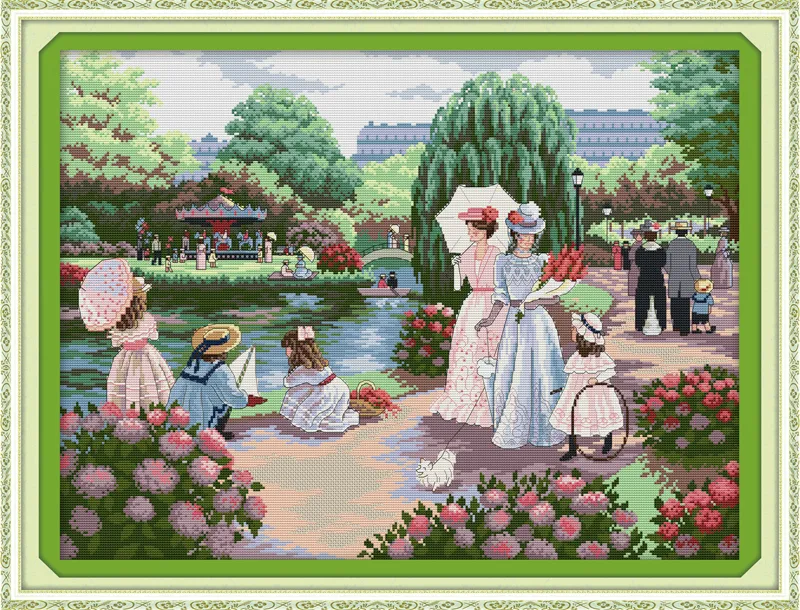 The Women Outing Beautiful backyard garden painting ,Handmade Cross Stitch Embroidery Needlework sets counted print on canvas DMC 14CT /11CT