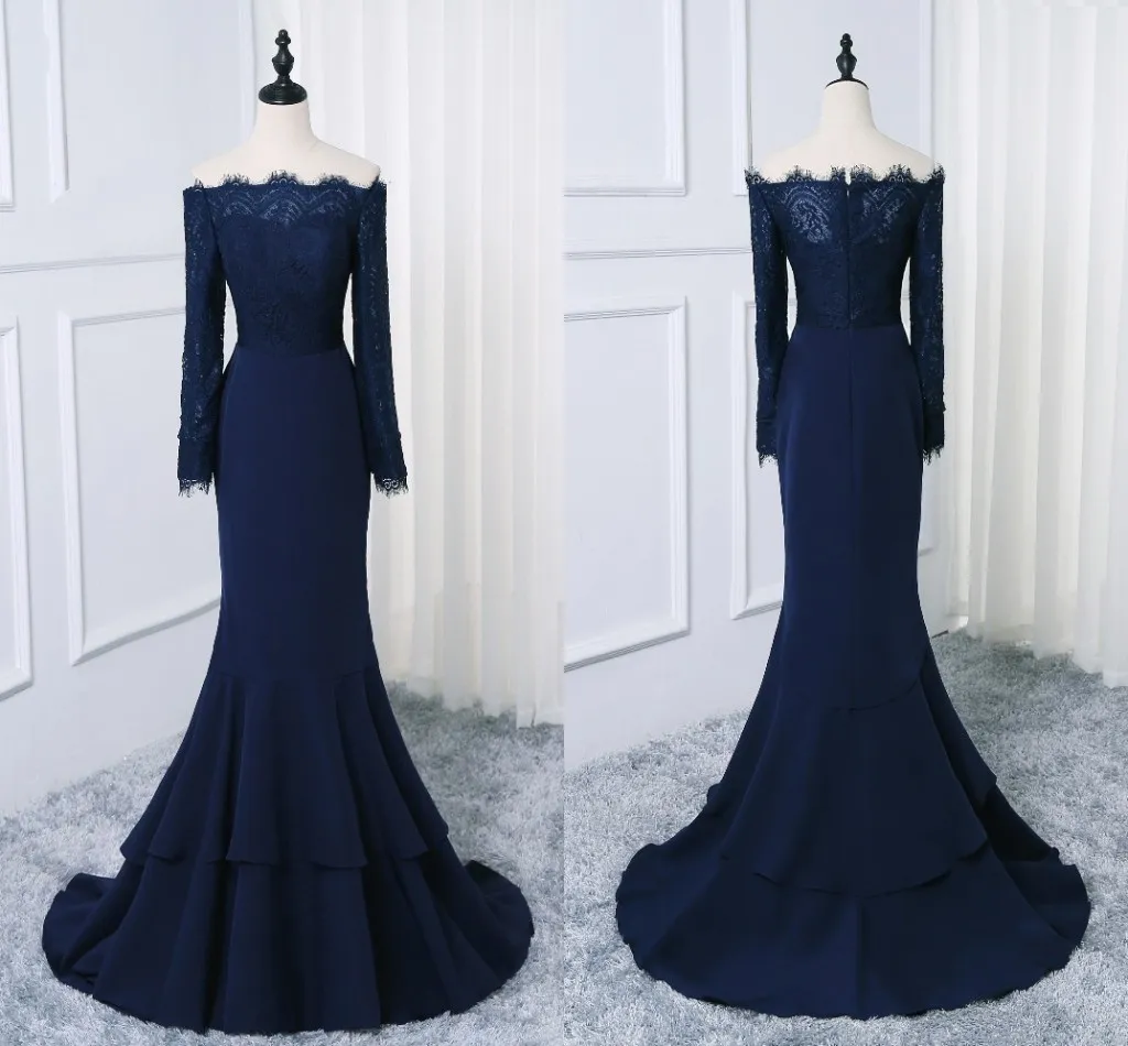 Navy Blue Mermaid Formal Dresses With Off The Shoulder Long Sleeve 2019 Lace Two Layers Skirt Prom Dresses Evening Dress Special Occasion