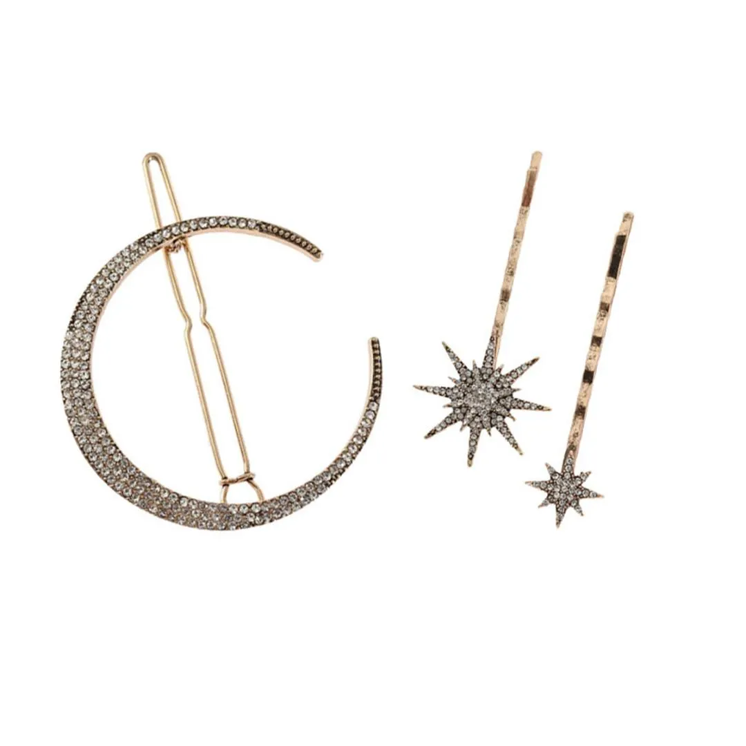 18st / set Moon Star Rhinestone Hairpin Hair Clip Hårstift Bröllop Bröllop Hairwear Tillbehör Huvudband Kvinnor Smycken Gåvor