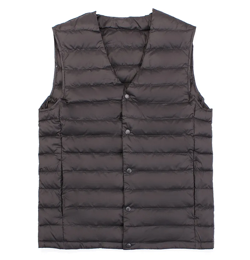 2019 New Man Ultra Light Down Vest Vår Höst Ärmlös V-Neck Vest Male Casual Winter Collarless Waistcoat Men