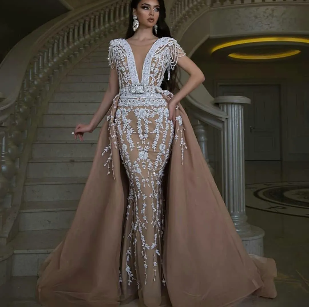 Aso Ebi Syrena Suknie Wieczorowe z odpinanym pociągiem Koronki Aplikacje Frezowanie Sash African Prom Dress Sheer Neck Women Formal Party Suknie