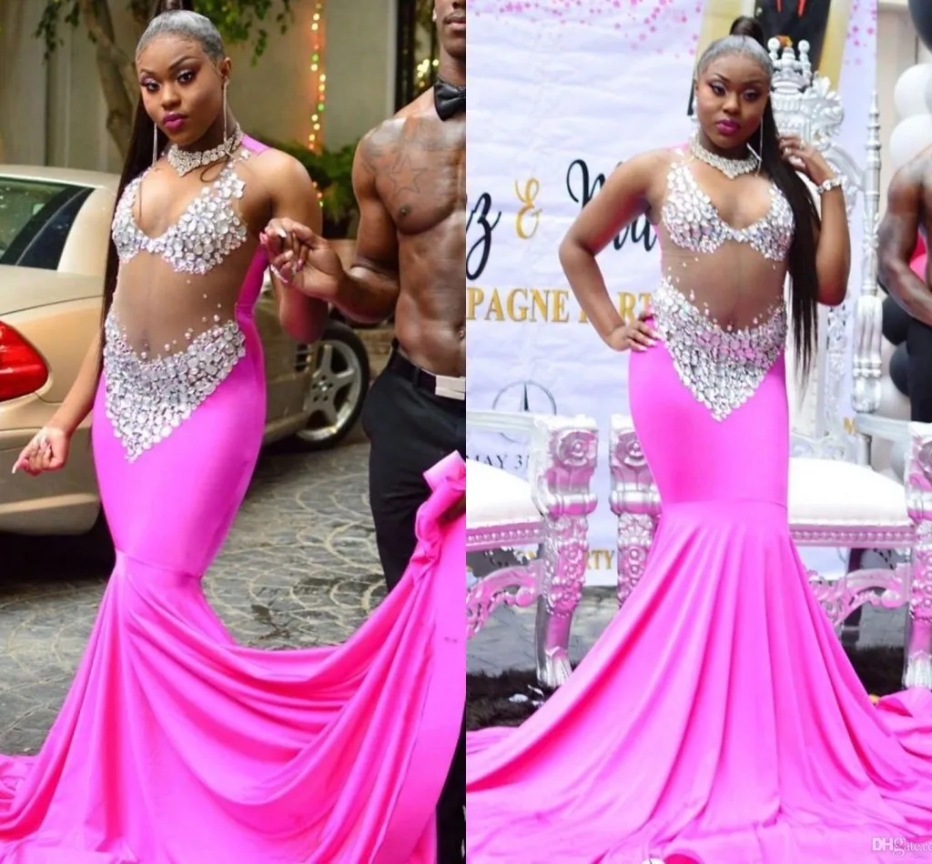 Fuksja Sparkly Afryki Plus Size Mermaid Prom Dresses Sexy See przez kryształów Sweep Pociąg Suknie Wieczorowe Formalne Dress Party Nosić