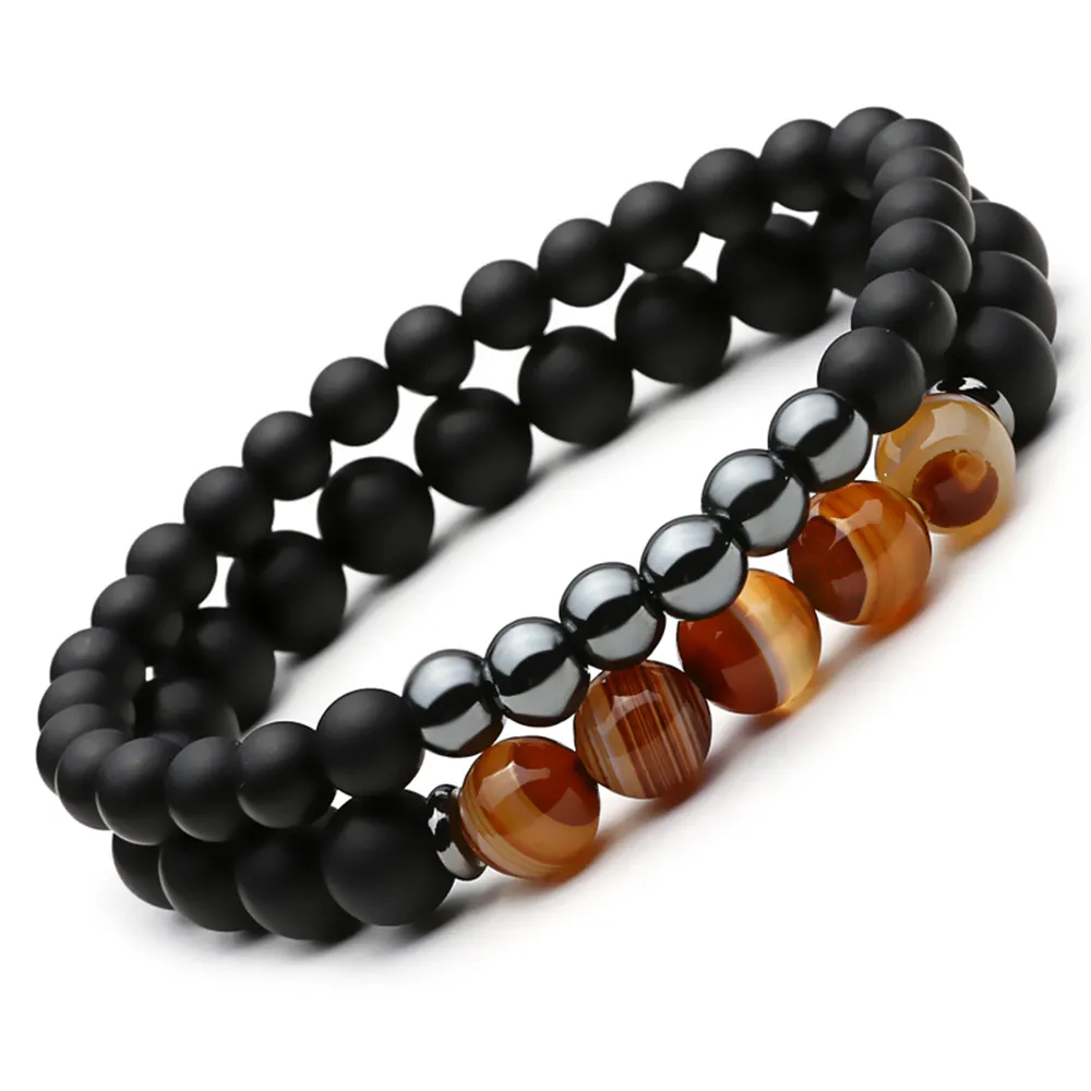 Natural Black Agate Bracelet Men And Women Stainless Steel Combination Bracelet Girlfriends Couple(8mm)