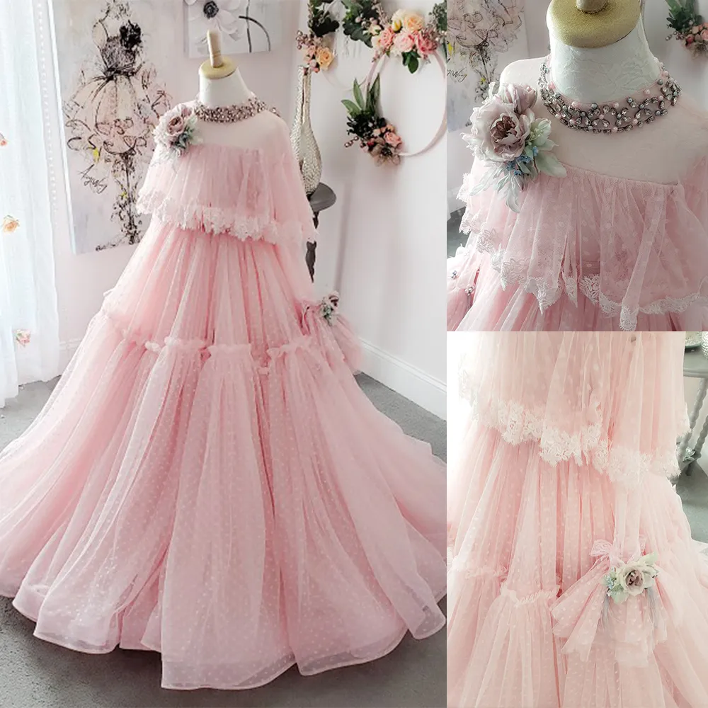 Pink Flower Girl Dresses Sheer High-neck Long Sleeve Appliqued Beaded Hand Made Flower Tiered Girl Pageant Gown Sweep Train Birthday Gown