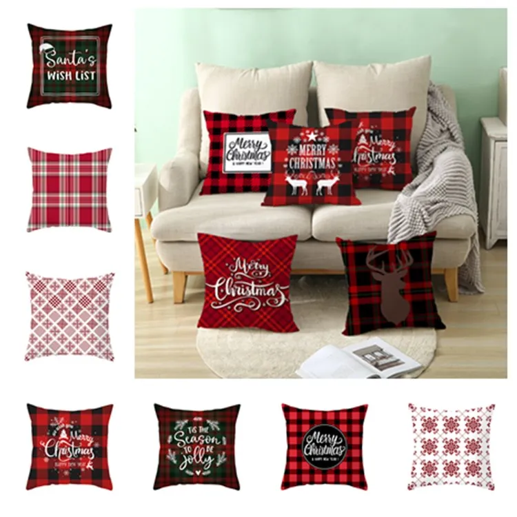 Textiles para el hogar Funda de almohada navideña Moda con estampado de ciervos Fundas de almohada estilo cuadros rojos Fundas de cojines Decoración navideña Suministros de cama T2I5579