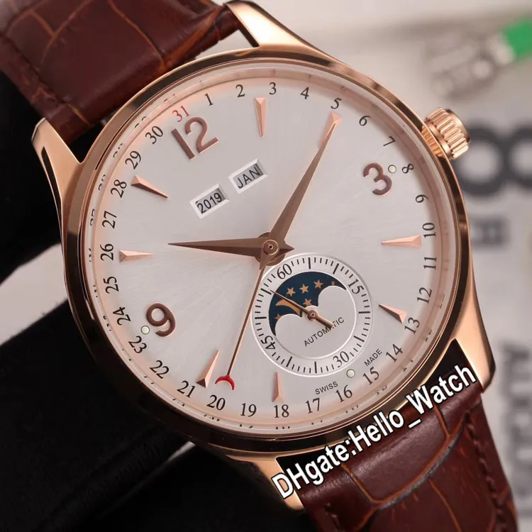 Nuovo Master Control Calendario perpetuo 1552520 Moon Phase Orologio automatico da uomo Quadrante bianco Cassa in oro rosa Cinturino in pelle Orologi Hello_Watch