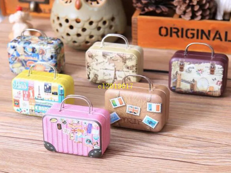 360 pezzi Continental Mini Tin Box Retro Valigia Borsa Piccola scatola di caramelle rettangolare Piccolo contenitore di latta