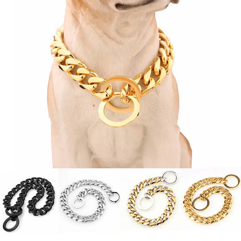 15mm Metal Dogs Training Choke Chain Collars for Large Dogs Pitbull Bulldog Strong Silver Gold Stainless Steel Slip Dog Collar Y200515