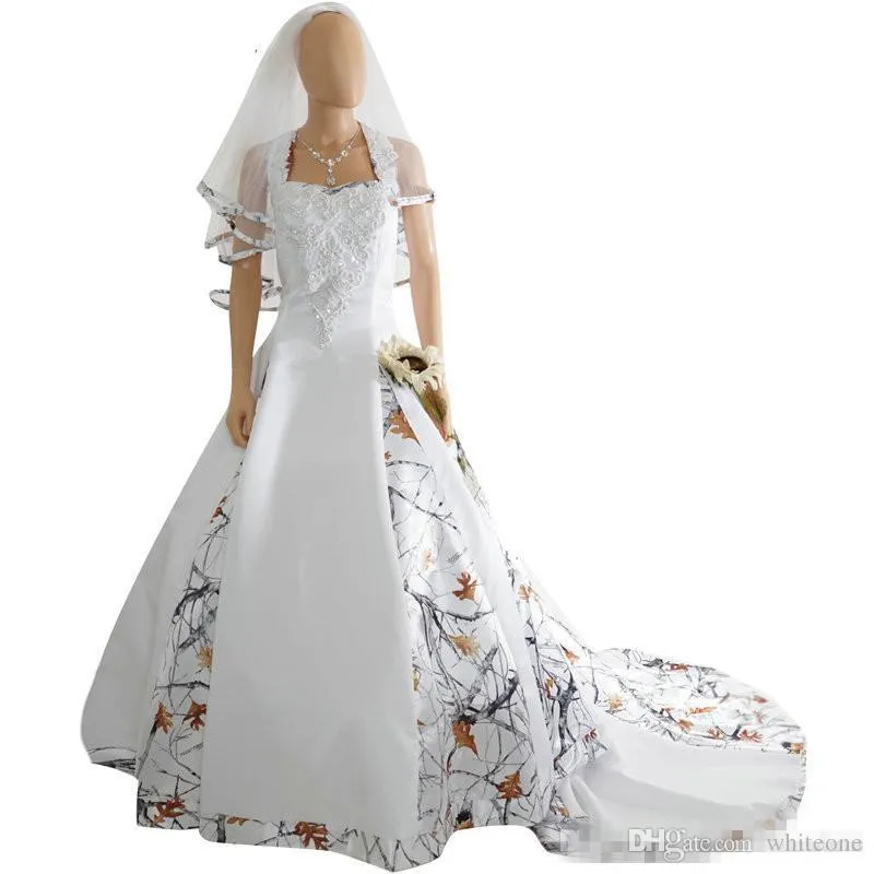 Halter White Camo Satin Wedding Dress Custom Lace Appliques Bridal Gowns Lace-up Corset Back Long Camouflage Bride Dre