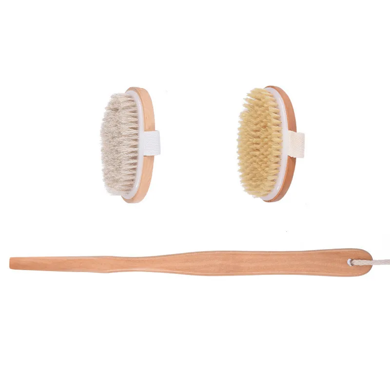 Wood Bath Brush Detachable Long Handle with Two Brush Heads Boar Hair/ Horse Hair Bath Brush Body Massage Brushes Set