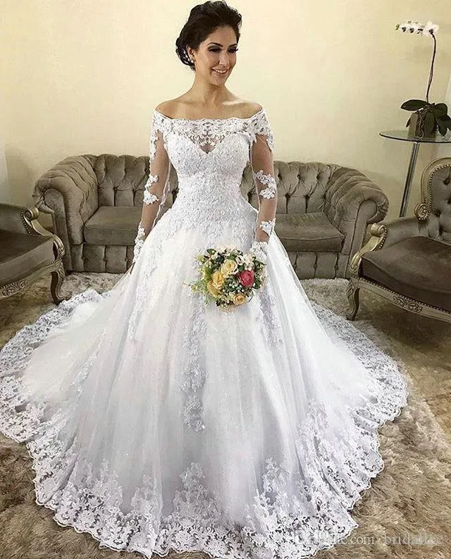 Plus Size Off Shoulder A-Linie Brautkleider mit langen Ärmeln Spitze Applikationen bodenlangen Hochzeitskleid Brautkleider Vestido De Noiva