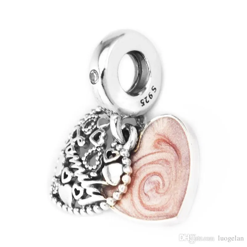 Authentic 925 Sterling Silver Jewelry Love Makes A Family Dangle Charm, Pink Enamel Charms Beads Fits Pandora Bracelets For Women
