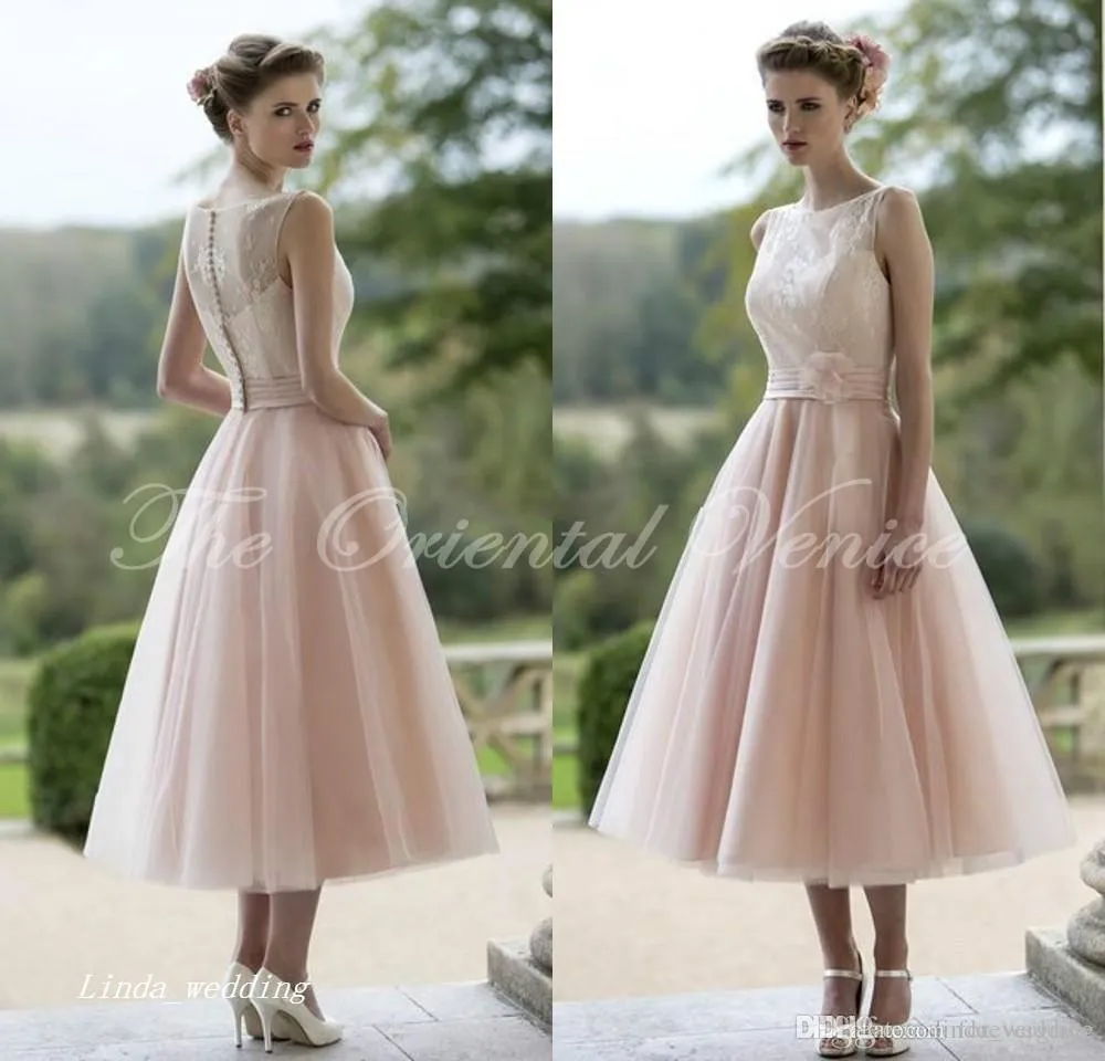 2019 Blush Pink Tulle Druhna Dress A Linia Herbata Długość Maid of Honor Dress Wedding Party Gown Plus Size Vestidos Damas De Honor
