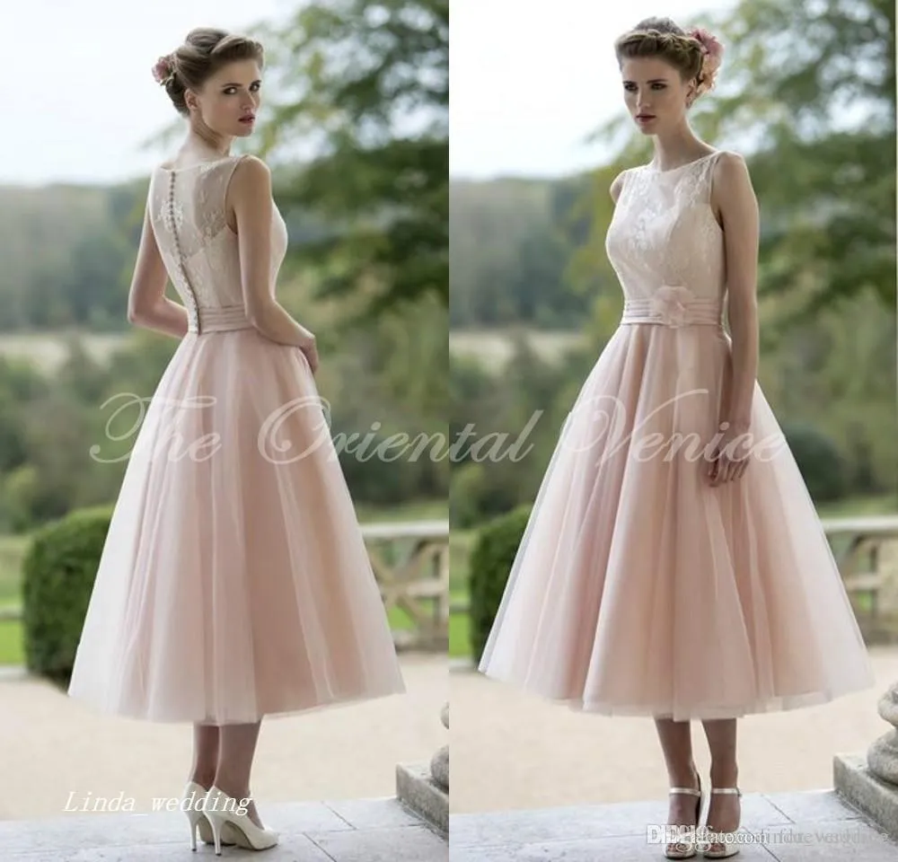 2019 Blush Rose Tulle Robe De Demoiselle D'honneur Une Ligne Thé Longueur Demoiselle D'honneur Robe Robe De Soirée De Mariage Plus La Taille Vestidos Damas De Honor