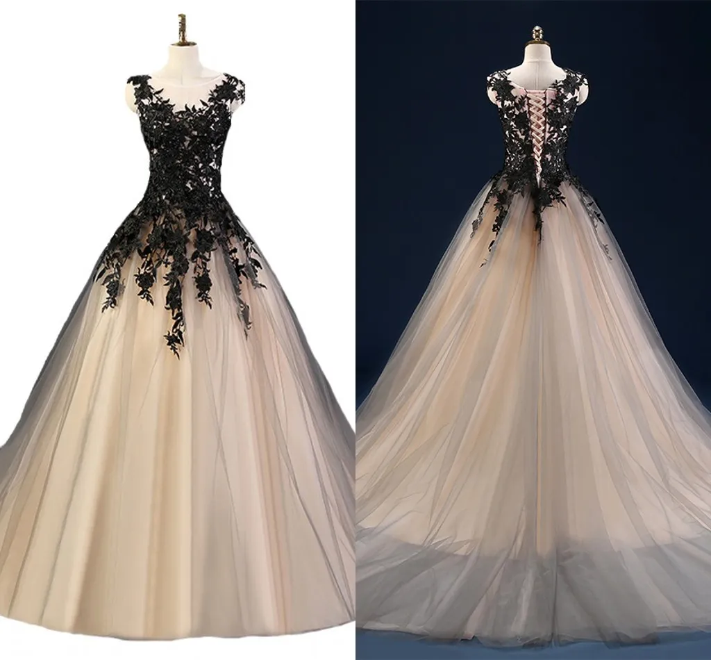 Ballkleider aus Champagner und schwarzer Spitze, Ballkleider 2022, Juwel, transparenter Ausschnitt, Applikationen, Perlen, Schnürung, Abendkleid, formelle Kleider, Partykleid