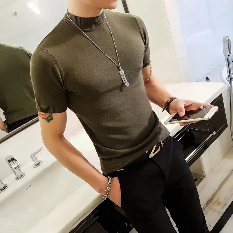 High Quality Knitted Short Sleeve T-Shirt Men Slim Fit Half High Collar Solid Bottom Mens T Shirts Summer New Tee Shirt Homme