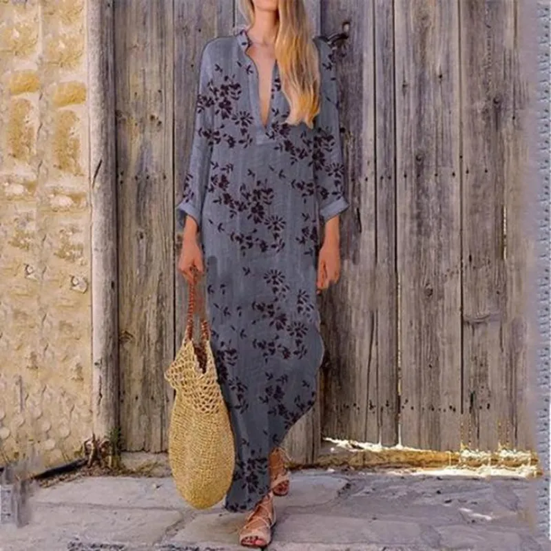 Women Deep V Boho Maxi Dress Print Long Sleeve Holiday Tropical