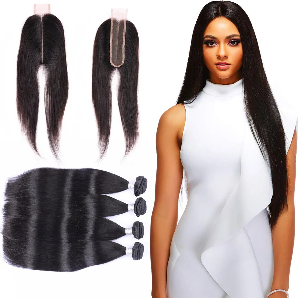 Brazilian Virgin Hair Extensions 10-30 tum Människohår 4 buntar med 2X6 spetsstängning raka hårinslag med 2*6 mittendel