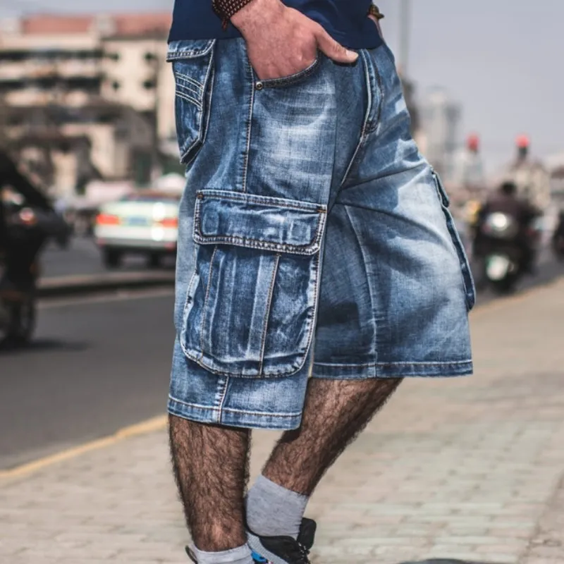 Sommar stor storlek 40 42 44 46 män hip hop last shorts denim knä längd lösa baggy jeans shorts multi fickor manlig streetwear264y