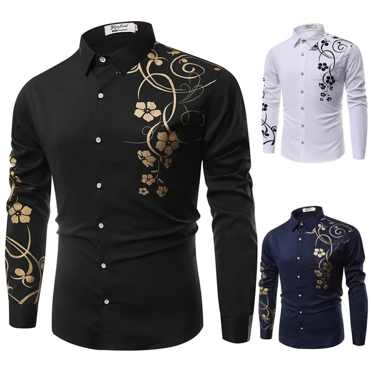 New Fashion Groom Shirts White Black Men Wedding Shirts Bauhinia Men's Long Sleeve Shirt Formal Occasion Men Dress Shirts 001