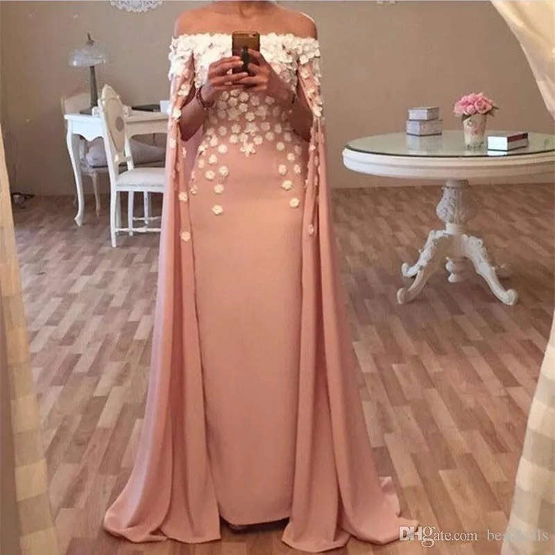 Dusty Pink Arabic Dubai Abiti da sera trasparenti con mantella e spalle scoperte Fiore fatto a mano Abiti da sera da donna Vestido De Festa Robe De Soirre