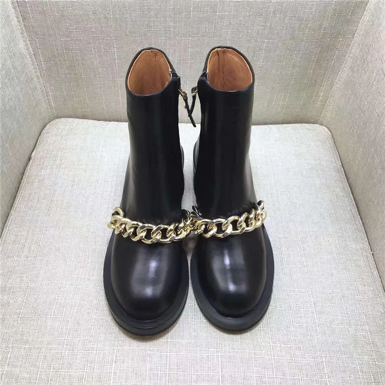 Hot Sale-Best selling women boots fashion Metal chain low heels high quality leather ankle boots zipper bling Short Booties shoes