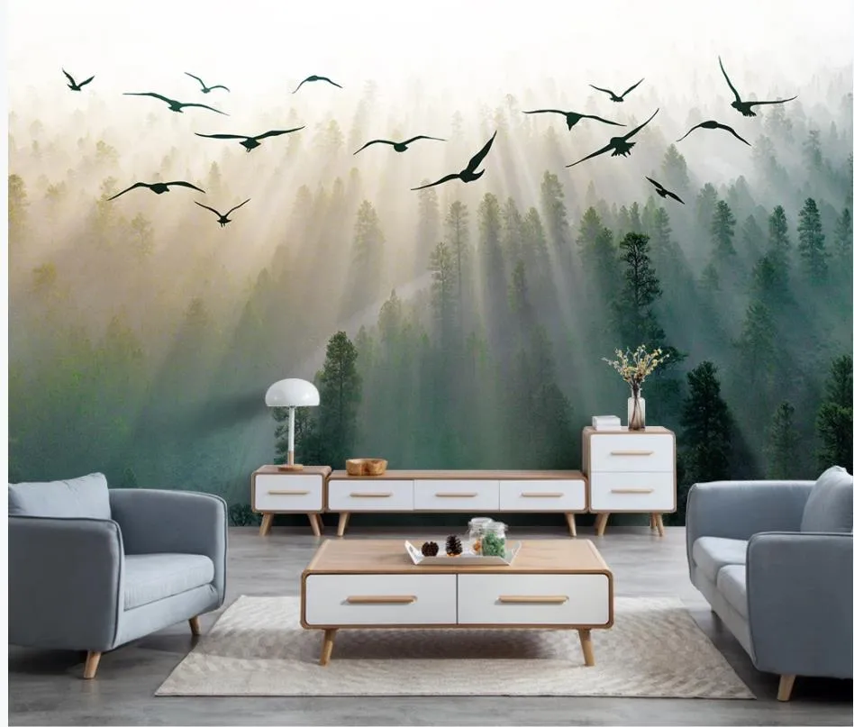 wallpaper for walls 3 d for living room Sunlight forest bird modern stylish landscape background wall