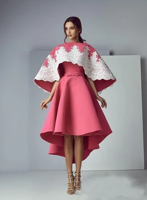 Abiti da ballo economici eleganti rosa a linea alta e bassa con mantello bianco applique in pizzo abito da sera in raso abiti da cerimonia abiti da festa vestifdos