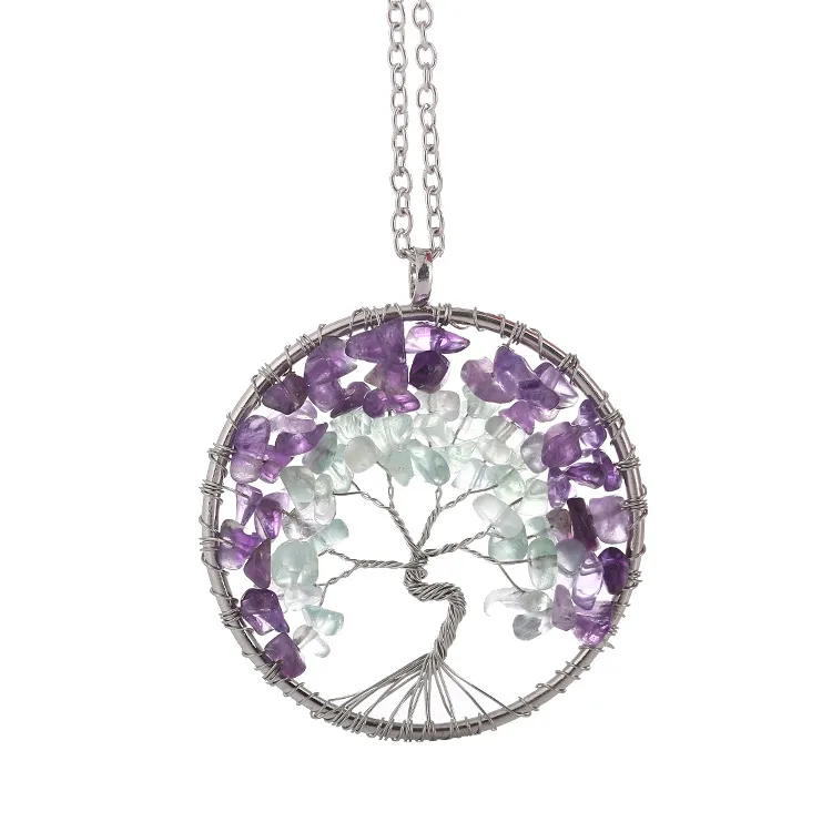 Collier pendentif arbre pour femme avec petite pierre naturelle vert clair et violet avec chaîne en métal