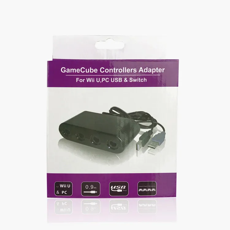 4 portar GameCube Controller Adapter för Wii U PC USB-switch Game Converter i Retail Package 40pcs / lot