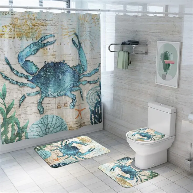 Océan thème salle de bain ensemble tapis antidérapant couvercle de toilette couverture tapis de bain rideau de douche imperméable 3D animaux rideaux de douche